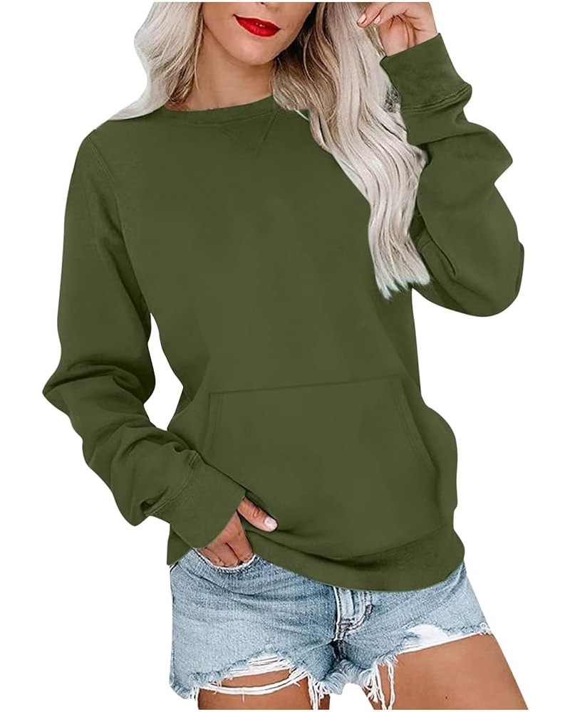 Womens Sweatshirts No Hood With Pockets Oversized Fall Tops 2023 Basic Long Sleeeve Pullover Solid Color Shirts D-army Green ...