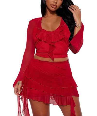 2 Piece Skirt Sets for Women Sexy Sheer Mesh Bodycon Sleeveless V Neck Outfits Backless Ruffle Party Club Night C Red $18.80 ...