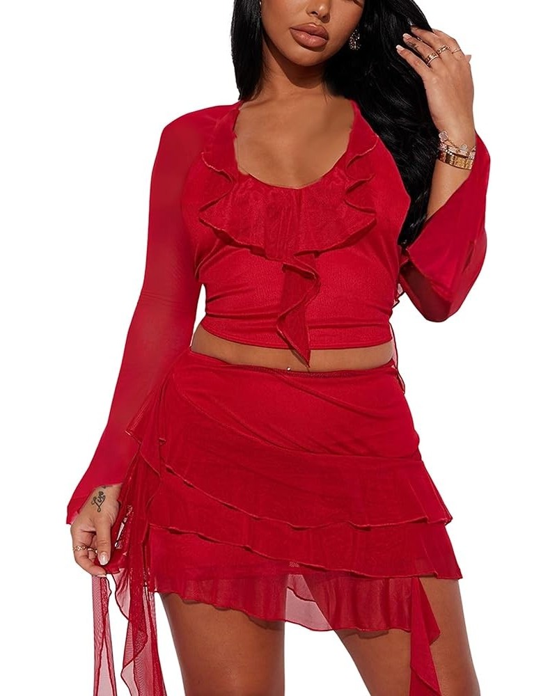 2 Piece Skirt Sets for Women Sexy Sheer Mesh Bodycon Sleeveless V Neck Outfits Backless Ruffle Party Club Night C Red $18.80 ...