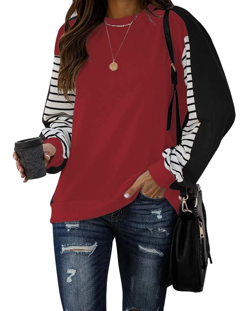 Women's Color Block Tunic Tops Long Striped Sleeve Crew Neck Sweatshirts Casual Loose Tops Red $11.24 Tops