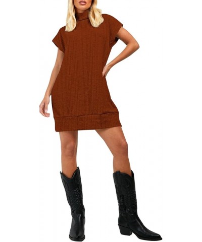 Women's Turtleneck Oversized Sweater Dress Short Cap Sleeve Pullover Sweaters Ribbed Knit Dresses Chestnut $10.00 Sweaters