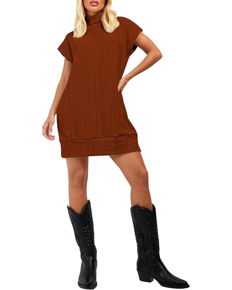 Women's Turtleneck Oversized Sweater Dress Short Cap Sleeve Pullover Sweaters Ribbed Knit Dresses Chestnut $10.00 Sweaters