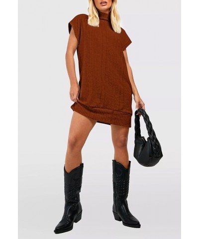 Women's Turtleneck Oversized Sweater Dress Short Cap Sleeve Pullover Sweaters Ribbed Knit Dresses Chestnut $10.00 Sweaters