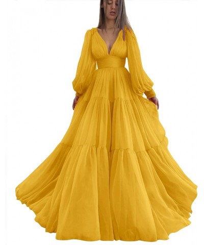 Long Puffy Sleeve Prom Dress V Neck Empire Waist Ball Gown Tulle Formal Evening Gowns for Women Formal Mustard Yellow $36.00 ...