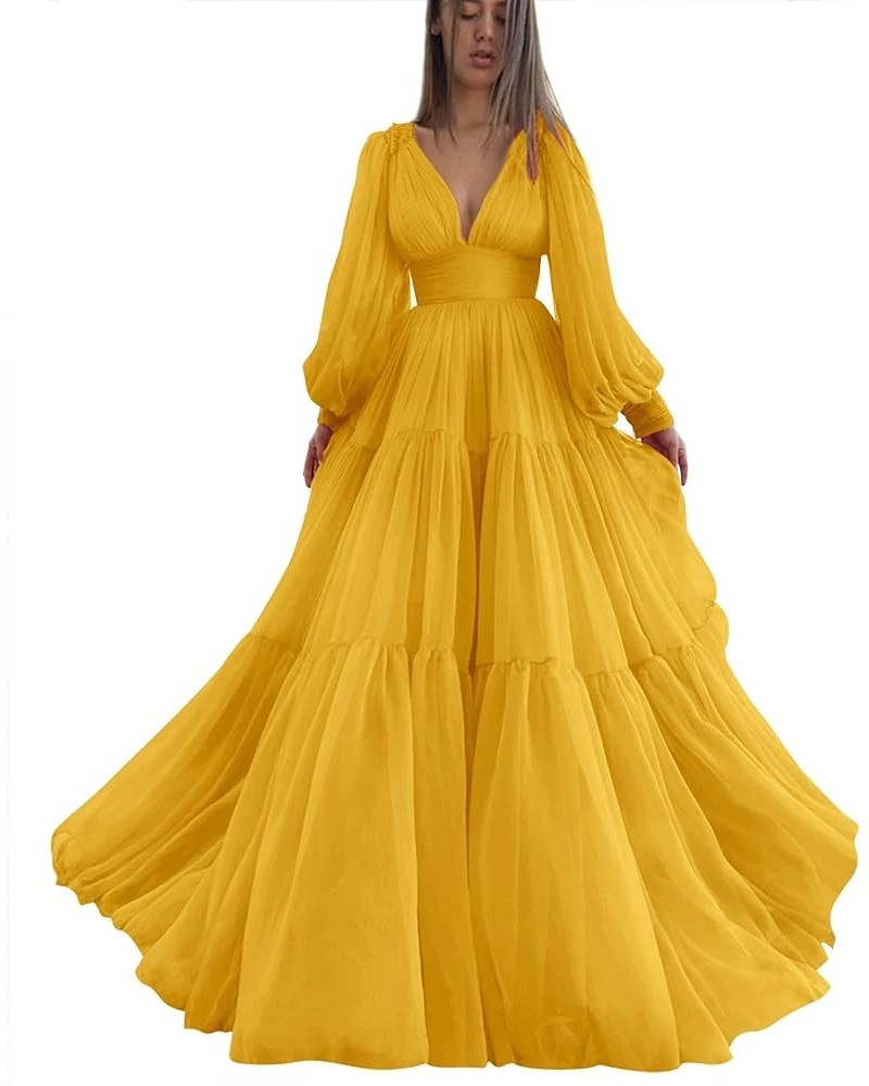 Long Puffy Sleeve Prom Dress V Neck Empire Waist Ball Gown Tulle Formal Evening Gowns for Women Formal Mustard Yellow $36.00 ...