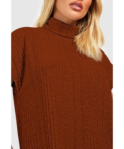 Women's Turtleneck Oversized Sweater Dress Short Cap Sleeve Pullover Sweaters Ribbed Knit Dresses Chestnut $10.00 Sweaters