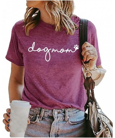 Dog Mom T-Shirt Women Funny Mama O-Neck Graphic Tees Casual Loose Short Sleeve Tops Dog Lover Gift Blouse Purple $9.90 T-Shirts