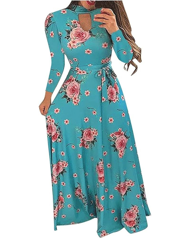 Womens Plus Size Maxi Dress High Neck Long Sleeve Floral Print Dresses B Green $10.01 Dresses