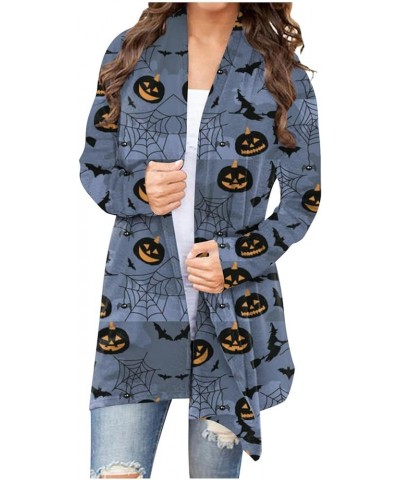 Cardigan for Women Lightweight Long Sleeve Halloween Pumpkin Cat Print Knitted Coats Open Front Knitted Sweaters 3-royal Blue...