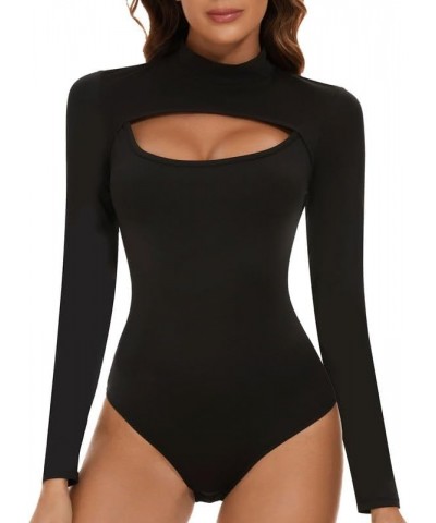 Women's Mock Neck Long Sleeve Bodysuit Tops Cutout Front Sexy T Shirt Leotard Jumpsuit Black $11.25 Lingerie