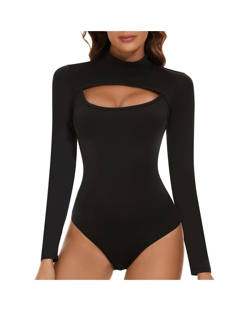 Women's Mock Neck Long Sleeve Bodysuit Tops Cutout Front Sexy T Shirt Leotard Jumpsuit Black $11.25 Lingerie