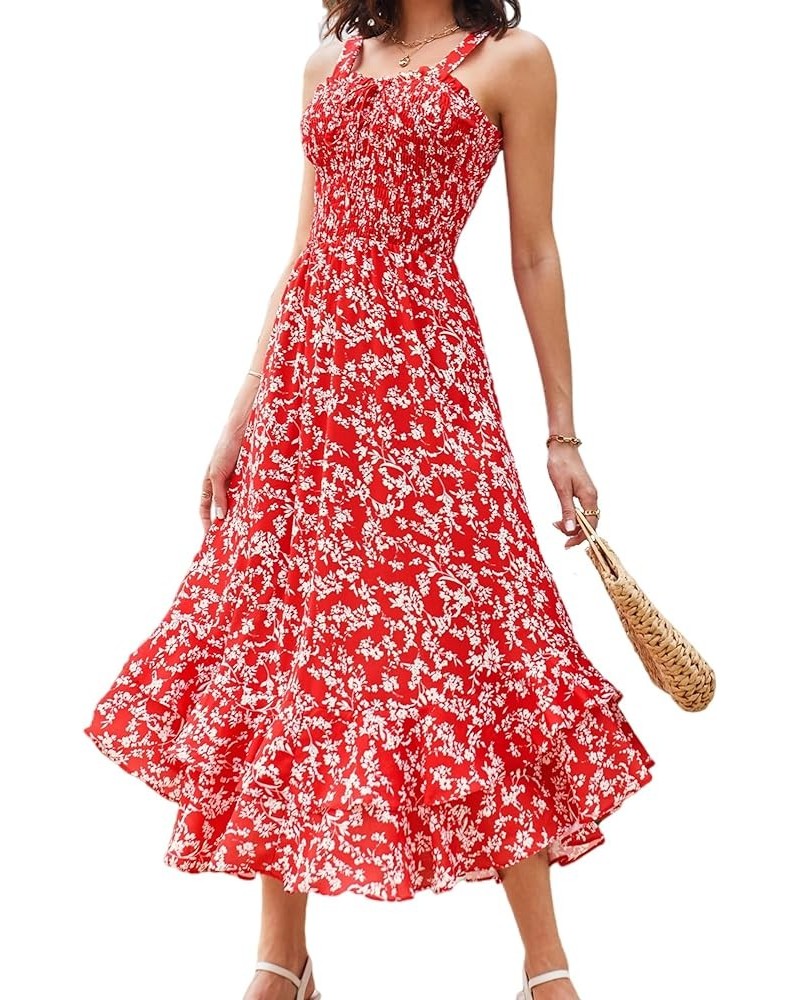 Women's 2024 Summer Floral Boho Dress Square Neck Strapped Swing A Line Beach Long Maxi Dress Red $24.47 Dresses