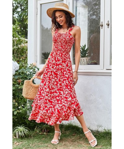 Women's 2024 Summer Floral Boho Dress Square Neck Strapped Swing A Line Beach Long Maxi Dress Red $24.47 Dresses