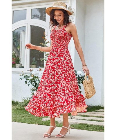 Women's 2024 Summer Floral Boho Dress Square Neck Strapped Swing A Line Beach Long Maxi Dress Red $24.47 Dresses