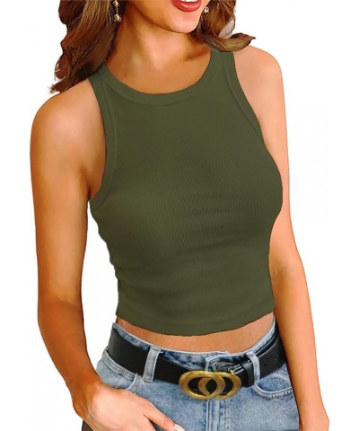 Womens Crop Sleeveless Racerback Tank Tops Rib-Knit Casual Basic Shirts A-dark Green $11.19 Tops