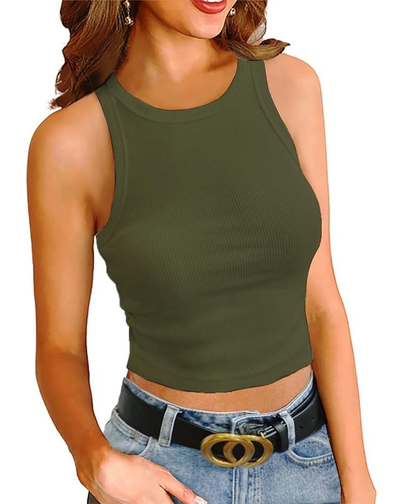 Womens Crop Sleeveless Racerback Tank Tops Rib-Knit Casual Basic Shirts A-dark Green $11.19 Tops