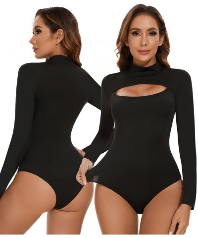 Women's Mock Neck Long Sleeve Bodysuit Tops Cutout Front Sexy T Shirt Leotard Jumpsuit Black $11.25 Lingerie