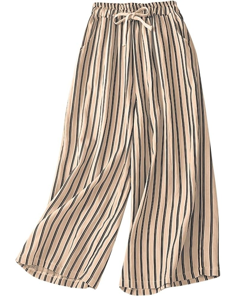 Womens Striped Linen Pants Drawstring Baggy Pants Flowy Casual Loose Wide Leg Trousers Bohemian Grunge Clothes J03-khaki $9.4...