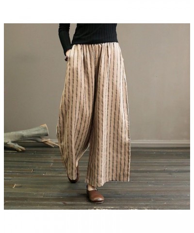 Womens Striped Linen Pants Drawstring Baggy Pants Flowy Casual Loose Wide Leg Trousers Bohemian Grunge Clothes J03-khaki $9.4...