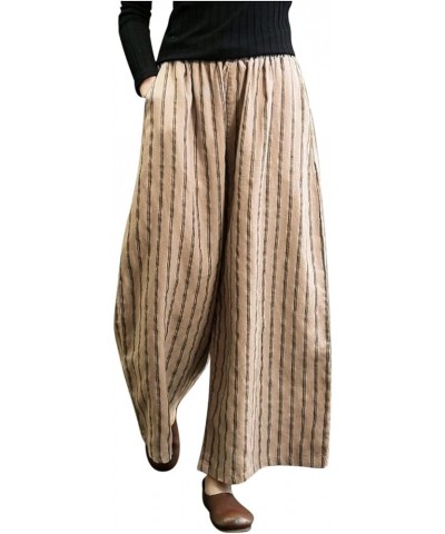 Womens Striped Linen Pants Drawstring Baggy Pants Flowy Casual Loose Wide Leg Trousers Bohemian Grunge Clothes J03-khaki $9.4...