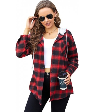 Hooded Flannel Shirt Women Plaid Jacket Shacket Long Sleeve Button Down Blouse Casual Fashion Boyfriend Top Pocketed Red $19....