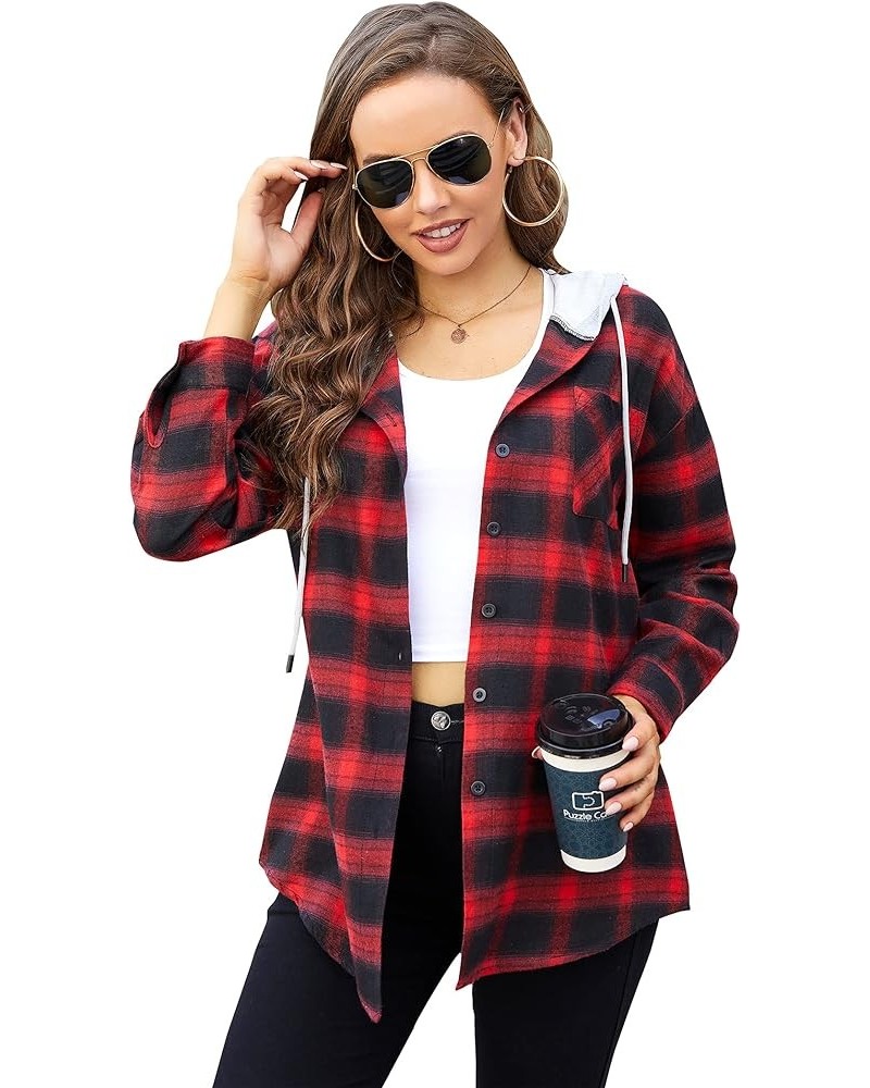 Hooded Flannel Shirt Women Plaid Jacket Shacket Long Sleeve Button Down Blouse Casual Fashion Boyfriend Top Pocketed Red $19....