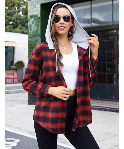 Hooded Flannel Shirt Women Plaid Jacket Shacket Long Sleeve Button Down Blouse Casual Fashion Boyfriend Top Pocketed Red $19....