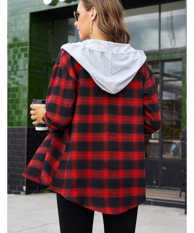 Hooded Flannel Shirt Women Plaid Jacket Shacket Long Sleeve Button Down Blouse Casual Fashion Boyfriend Top Pocketed Red $19....