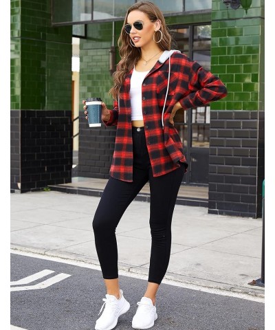 Hooded Flannel Shirt Women Plaid Jacket Shacket Long Sleeve Button Down Blouse Casual Fashion Boyfriend Top Pocketed Red $19....