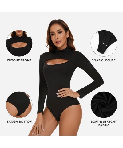 Women's Mock Neck Long Sleeve Bodysuit Tops Cutout Front Sexy T Shirt Leotard Jumpsuit Black $11.25 Lingerie