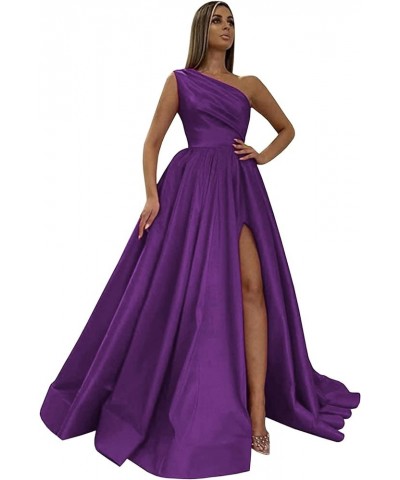 Women's One Shoulder Prom Dresses 2024 Long Slit Satin Formal Evening Gowns with Pockets Purple $30.10 Dresses