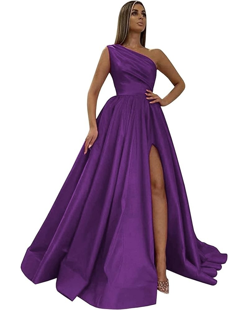 Women's One Shoulder Prom Dresses 2024 Long Slit Satin Formal Evening Gowns with Pockets Purple $30.10 Dresses