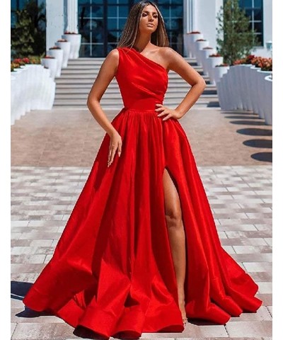 Women's One Shoulder Prom Dresses 2024 Long Slit Satin Formal Evening Gowns with Pockets Purple $30.10 Dresses