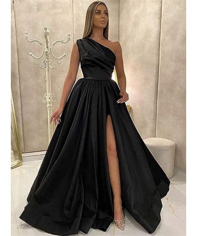 Women's One Shoulder Prom Dresses 2024 Long Slit Satin Formal Evening Gowns with Pockets Purple $30.10 Dresses