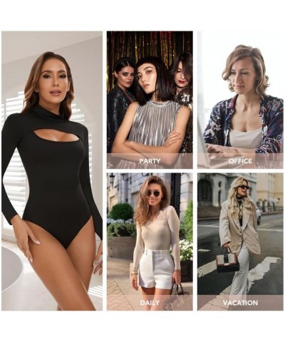 Women's Mock Neck Long Sleeve Bodysuit Tops Cutout Front Sexy T Shirt Leotard Jumpsuit Black $11.25 Lingerie