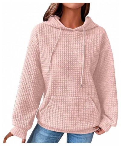 Women Hoodies Waffle Long Sleeve Sweatshirt Drawstring Hooded Sweater Basic Solid Pullover Tops with Pocket 01-pink $10.75 Ho...