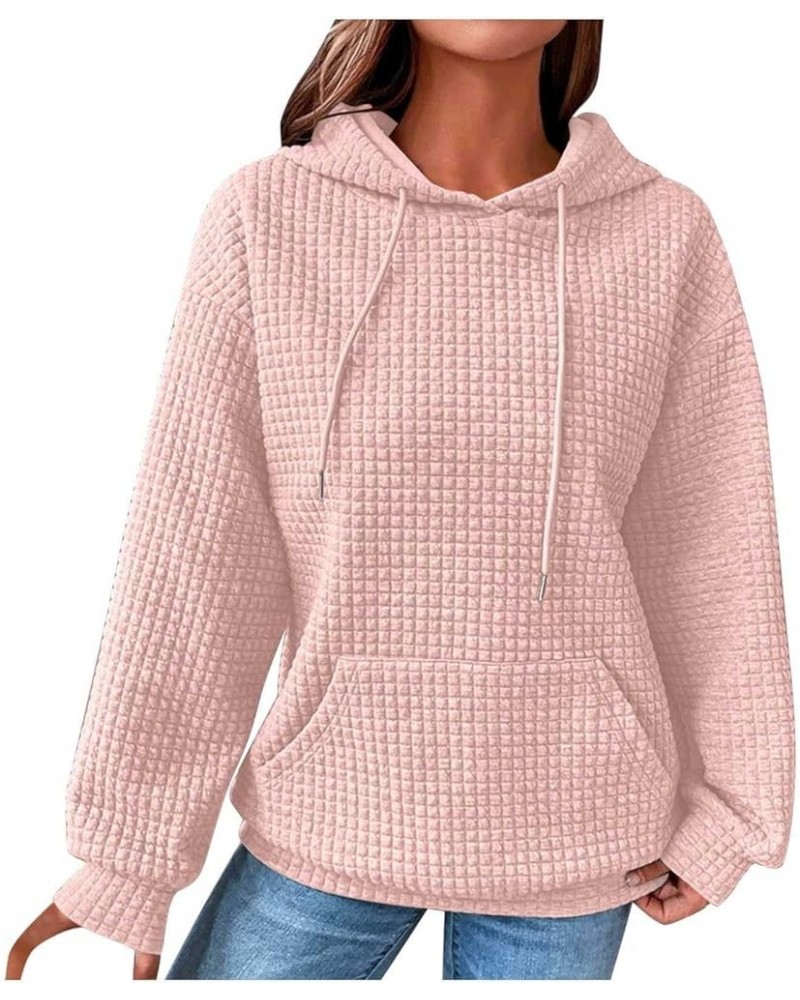 Women Hoodies Waffle Long Sleeve Sweatshirt Drawstring Hooded Sweater Basic Solid Pullover Tops with Pocket 01-pink $10.75 Ho...