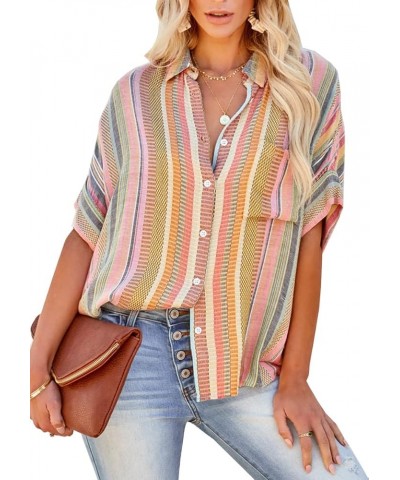 Women's Long Sleeve V-Neck Stripes Casual Blouses Pocket Button Down Shirt Tops Floral Yellow Green $7.50 Blouses