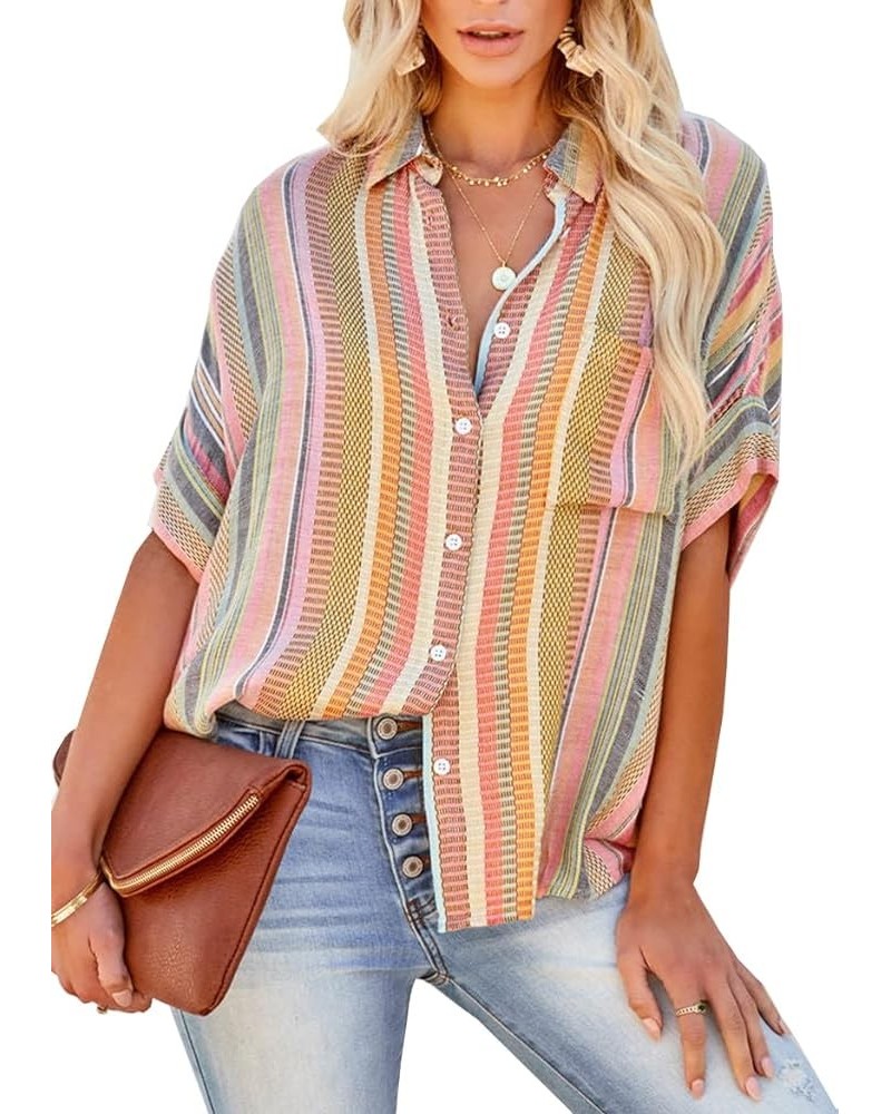 Women's Long Sleeve V-Neck Stripes Casual Blouses Pocket Button Down Shirt Tops Floral Yellow Green $7.50 Blouses