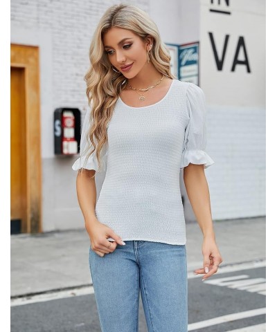 Womens Puff Sleeve Summer Tops Chiffon Short Sleeve Blouses White V Neck Pom Pom Shirts White Smocked 02 $14.62 Blouses