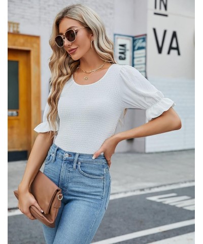 Womens Puff Sleeve Summer Tops Chiffon Short Sleeve Blouses White V Neck Pom Pom Shirts White Smocked 02 $14.62 Blouses