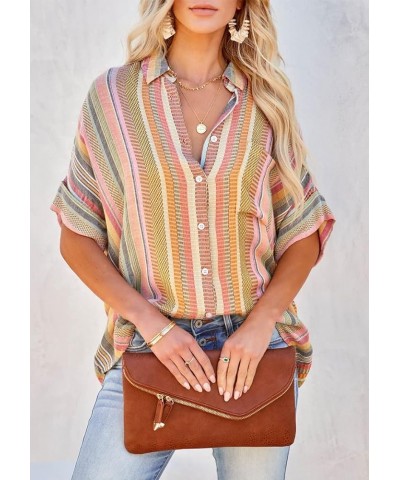 Women's Long Sleeve V-Neck Stripes Casual Blouses Pocket Button Down Shirt Tops Floral Yellow Green $7.50 Blouses