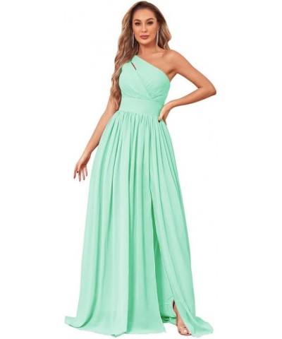 One Shoulder Bridesmaid Dress with Slit Chiffon Long Formal Dresses with Pockets Mint Green $24.20 Dresses