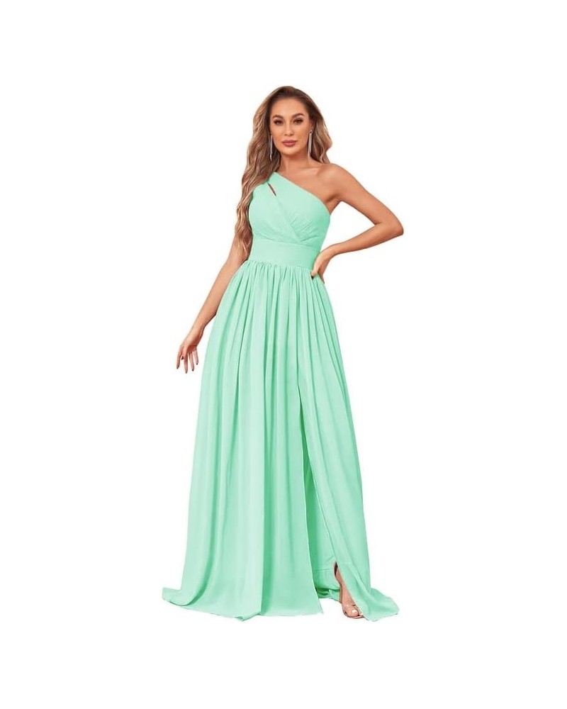 One Shoulder Bridesmaid Dress with Slit Chiffon Long Formal Dresses with Pockets Mint Green $24.20 Dresses