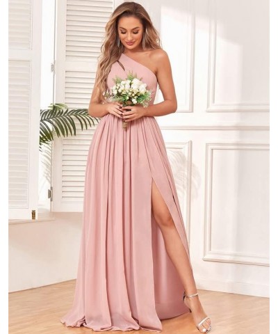 One Shoulder Bridesmaid Dress with Slit Chiffon Long Formal Dresses with Pockets Mint Green $24.20 Dresses