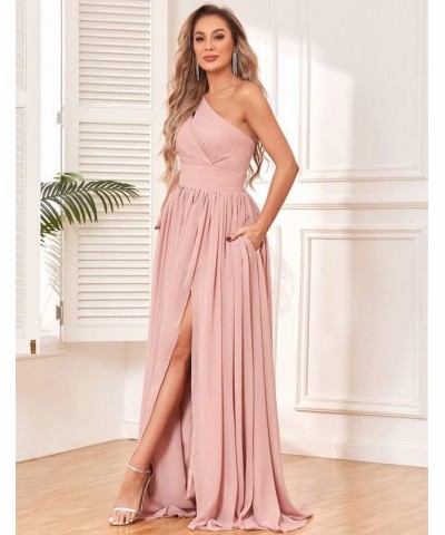 One Shoulder Bridesmaid Dress with Slit Chiffon Long Formal Dresses with Pockets Mint Green $24.20 Dresses