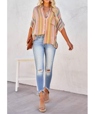 Women's Long Sleeve V-Neck Stripes Casual Blouses Pocket Button Down Shirt Tops Floral Yellow Green $7.50 Blouses