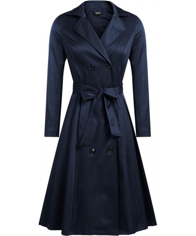 Women's Trench Coats Double-Breasted Long Coat with Belt Navy Blue $37.50 Coats