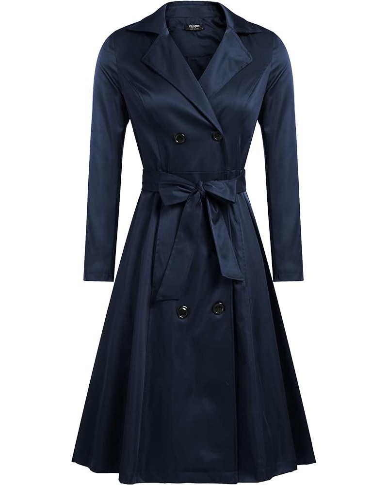 Women's Trench Coats Double-Breasted Long Coat with Belt Navy Blue $37.50 Coats