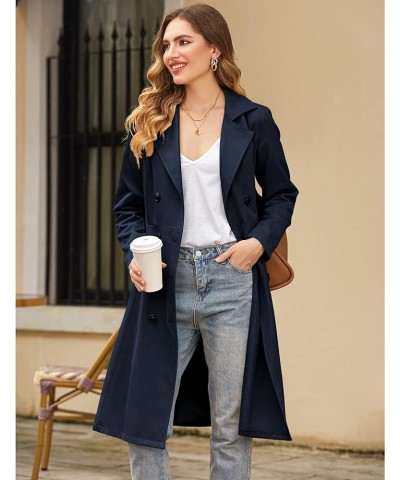 Women's Trench Coats Double-Breasted Long Coat with Belt Navy Blue $37.50 Coats